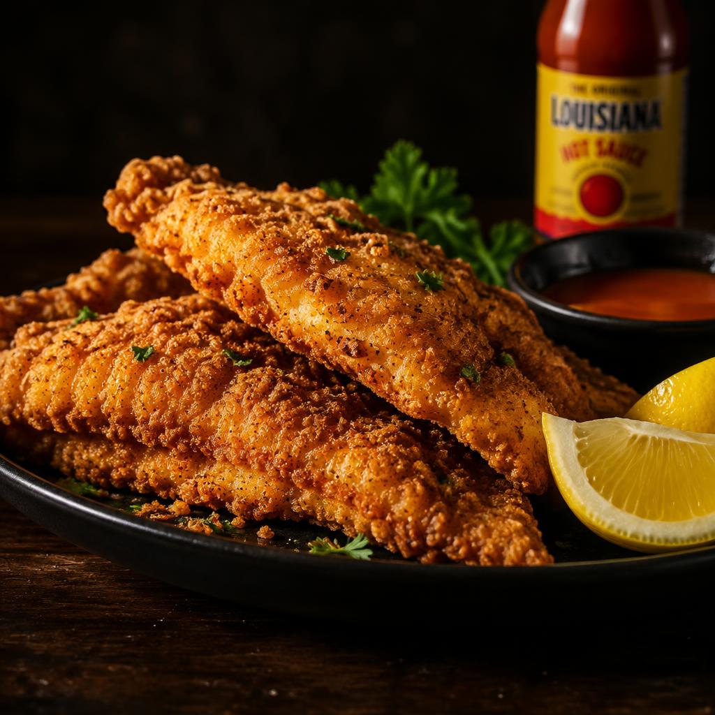 Golden fried catfish fillets with lemon wedges and hot sauce