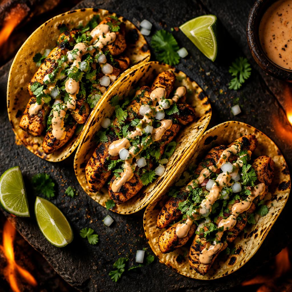 Three grilled chicken tacos with cilantro, onion and creamy sauce