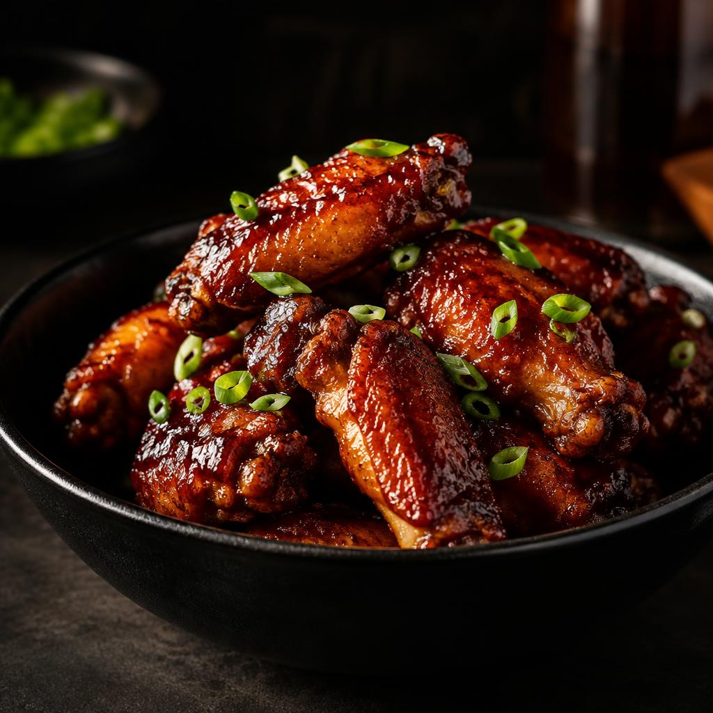 Bowl of glossy barbecue chicken wings topped with scallions